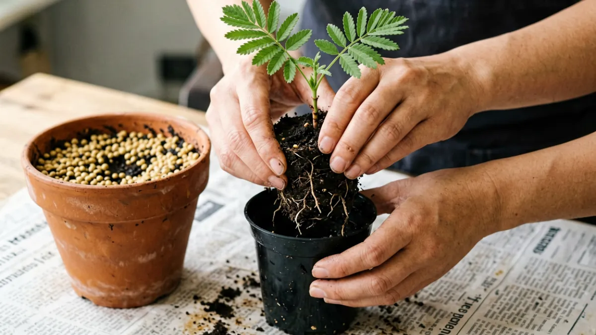 含羞草幼苗从小育苗盆移植到较大陶盆中换盆操作场景