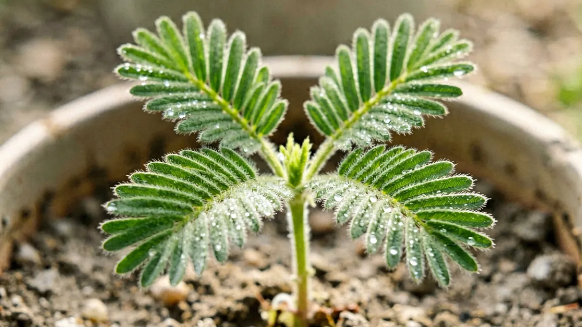 含羞草幼苗期绿色羽状复叶在清晨阳光中舒展，叶面带有细小绒毛和水珠