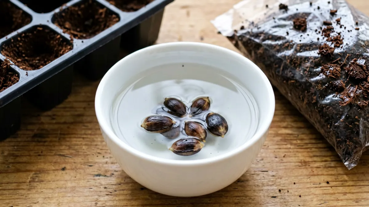 含羞草种子浸泡在温水小碗中，旁边是播种用的育苗穴盘和湿润泥炭土